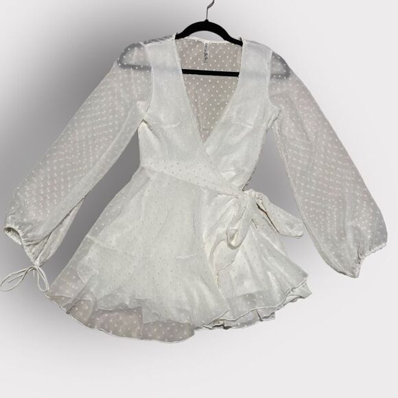 Lucy in the Sky Womens White Ruffle Dotted Chiffon Sheer Sleeve Wrap Dress XS - Picture 4 of 11